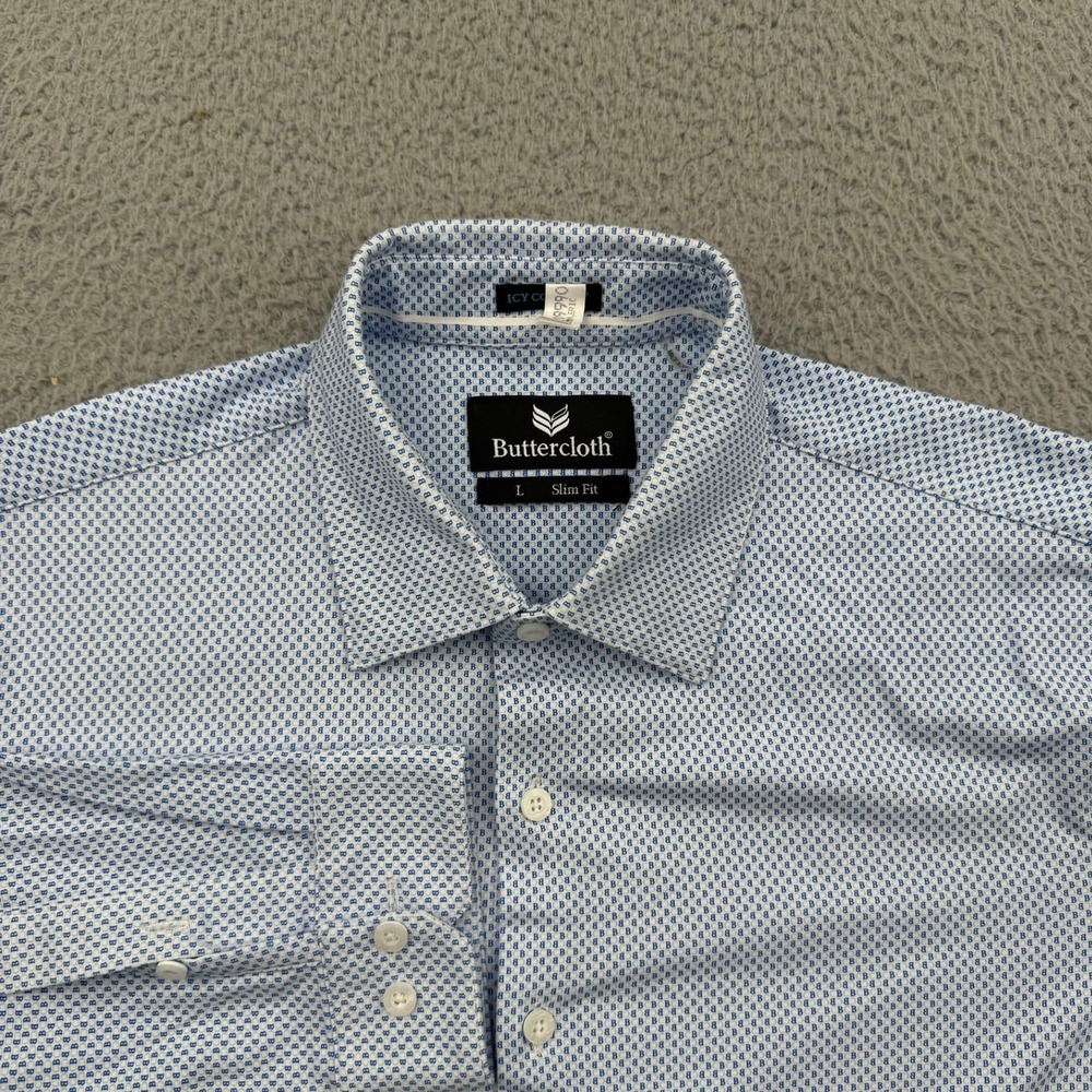 Buttercloth Button Down Shirt Mens Large Blue Logo Print Slim Fit Long Sleeve